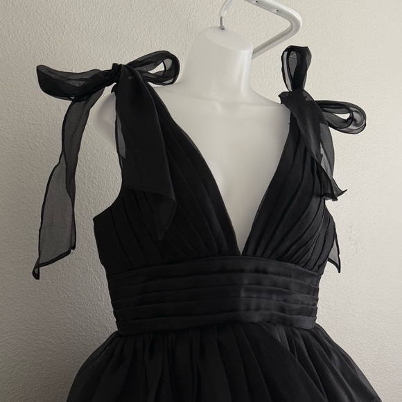 Black Ruffle Mini Dress Tulle Bow Shoulder Pleated Gothic Coquette Party 10 - Picture 2 of 5